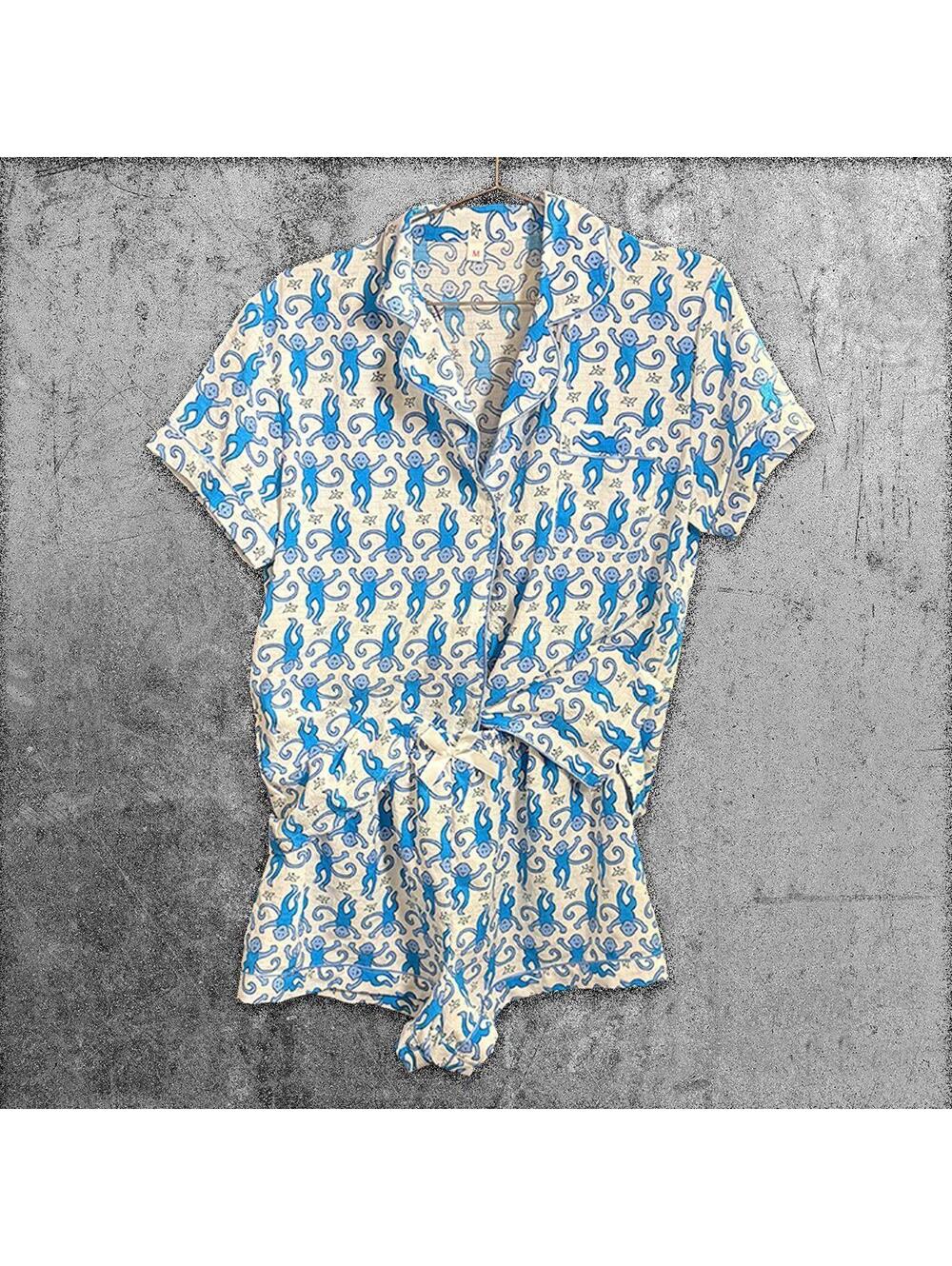 Blue Monkey Print Short Sleeve Button-Up Shirt and Shorts Set